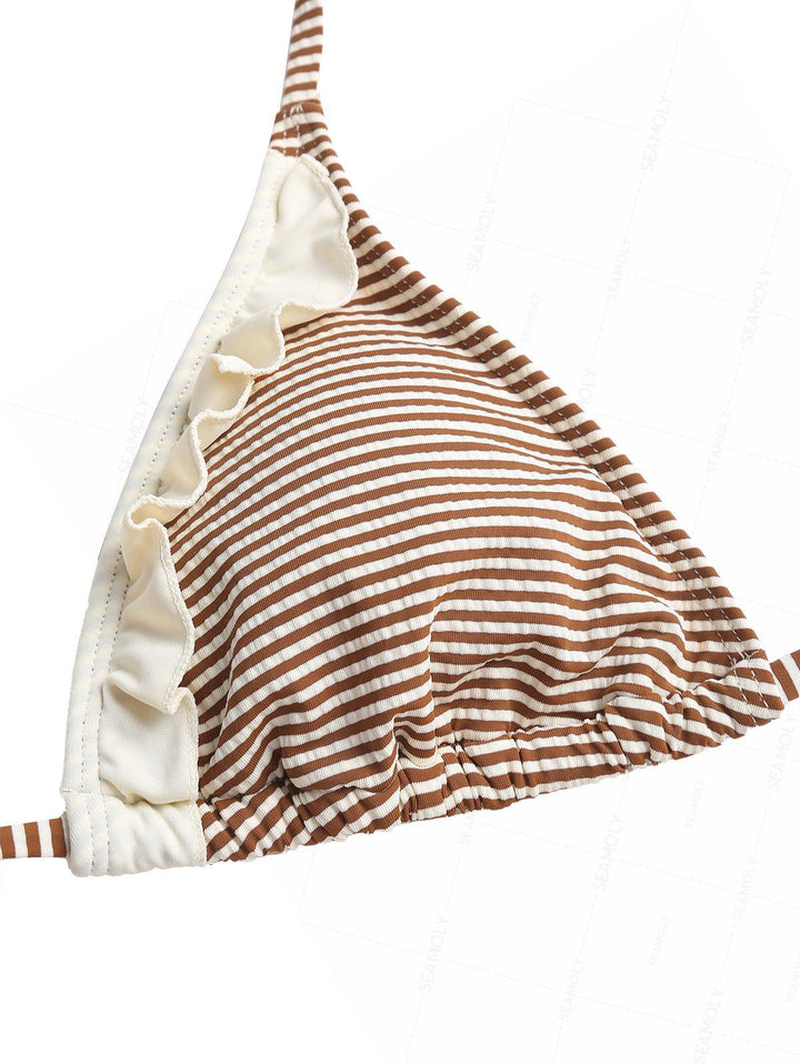 Seamolly Striped Frilled Ruffles Triangle Tie Side Bikini Set