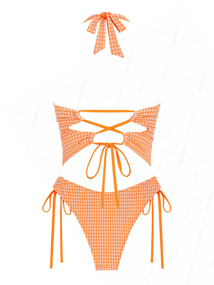 Seamolly Plaid Textured Bowknot Lace Up Back Halter Cinched Tie Side Tankini Set