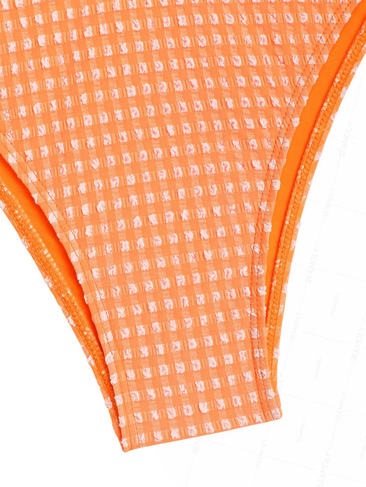 Seamolly Plaid Textured Bowknot Lace Up Back Halter Cinched Tie Side Tankini Set