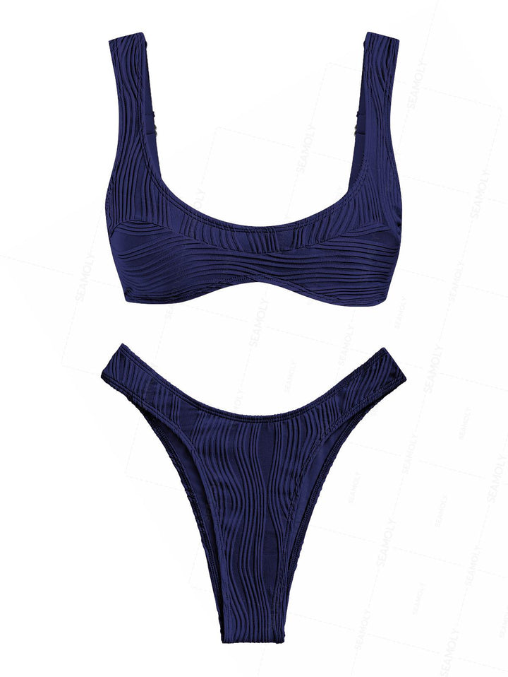 Seamolly Solid Color Wave Textured Tank Style Cheeky Bikini Set
