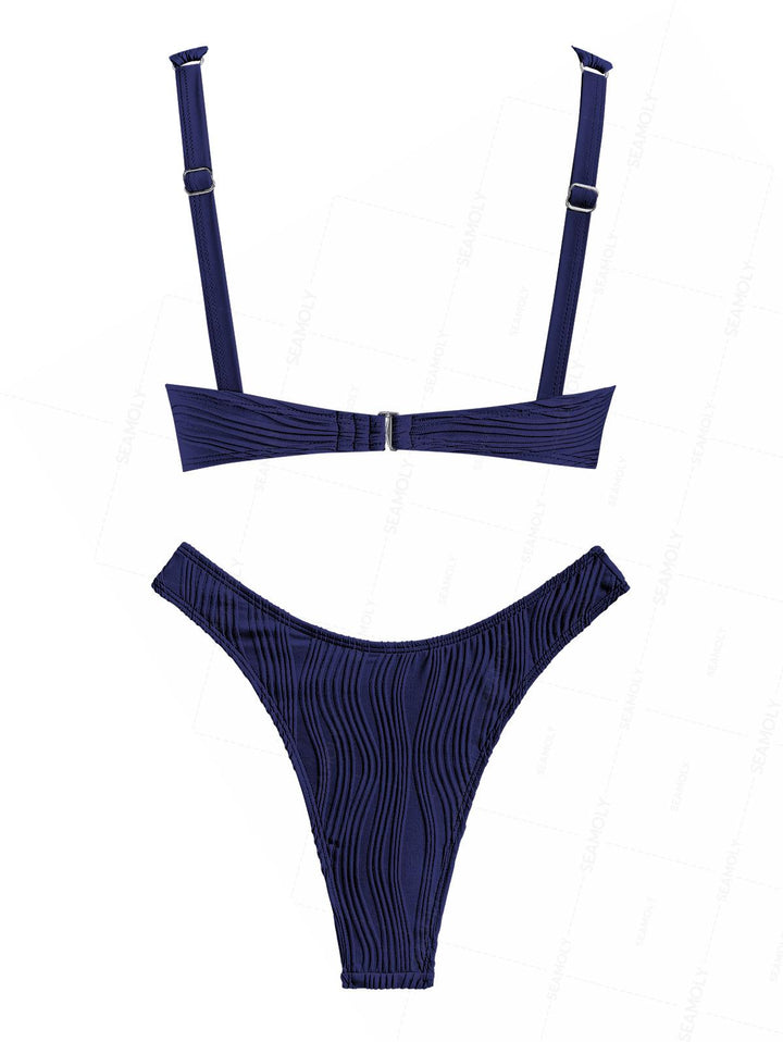 Seamolly Solid Color Wave Textured Tank Style Cheeky Bikini Set