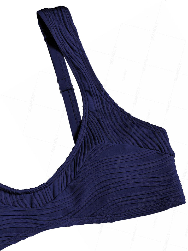 Seamolly Solid Color Wave Textured Tank Style Cheeky Bikini Set