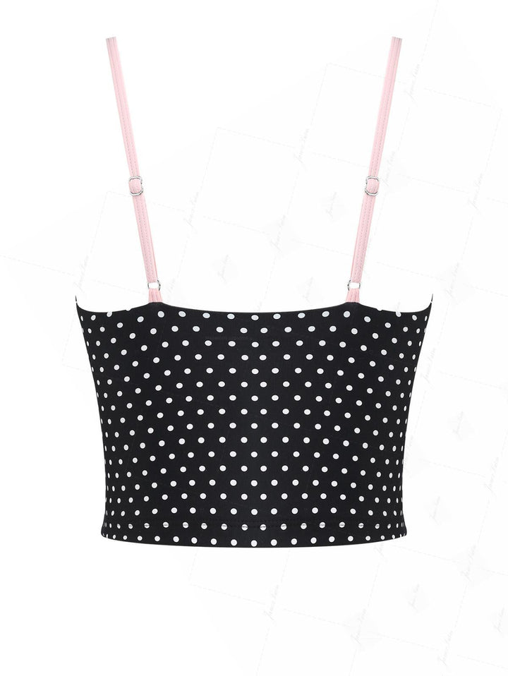 Vintage Black Polka Dot Lace Bowknot Tankini Top