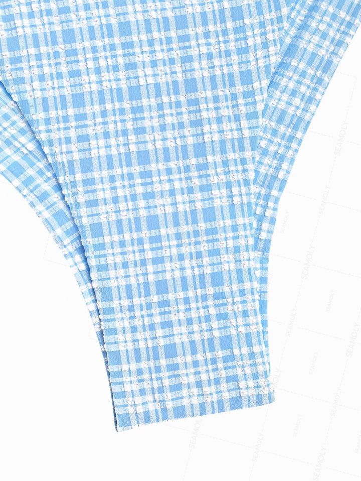 Seamolly Plaid Textured Bowknot Halter Triangle Top & Tie Side Brazilian Bottom Bikini Set