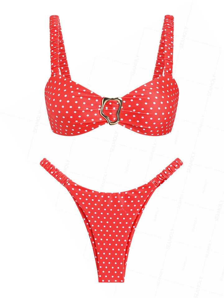 Seamolly Polka Dot Print Metal Decor Elastic Straps High Leg Bikini Set