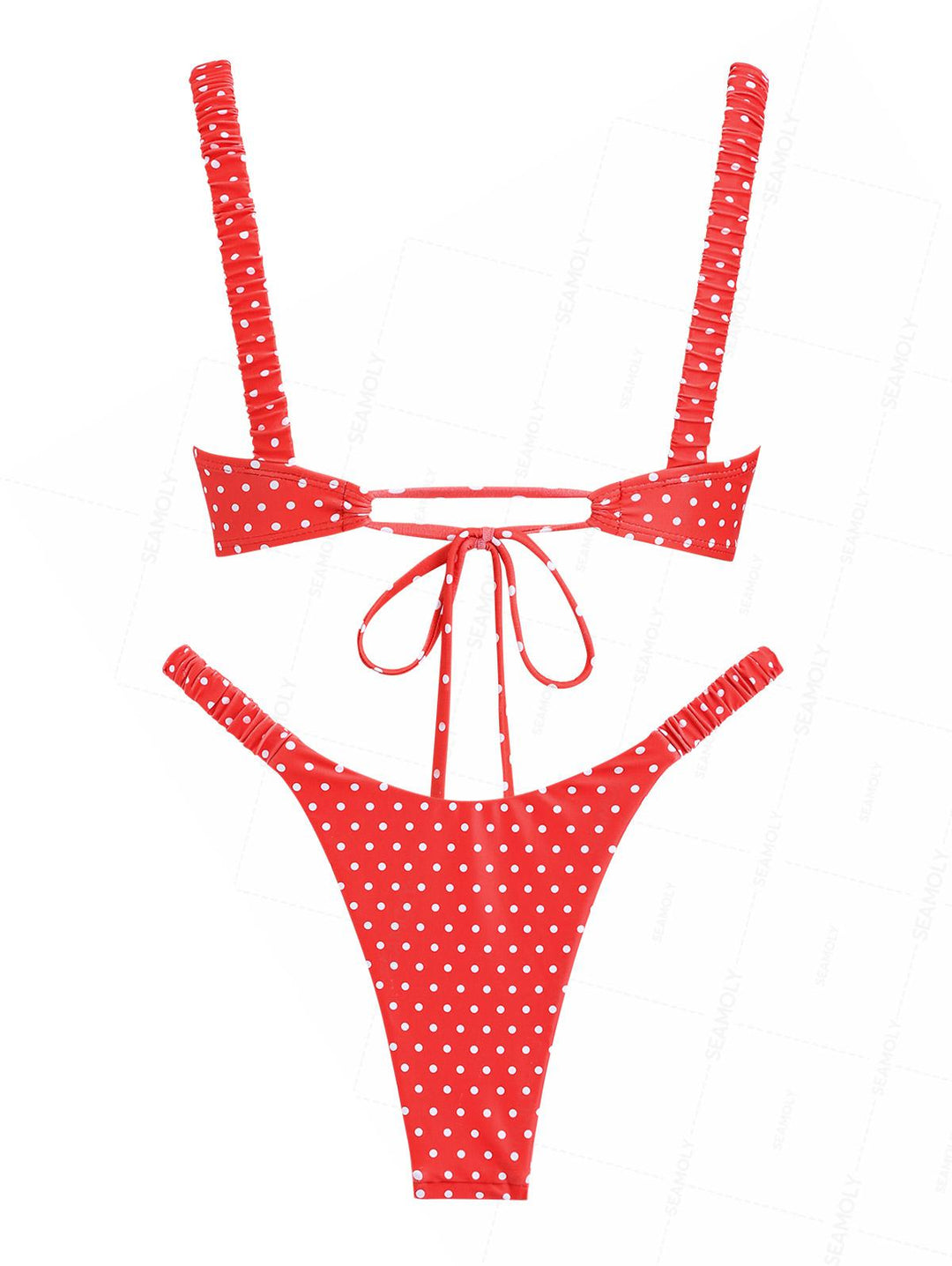 Seamolly Polka Dot Print Metal Decor Elastic Straps High Leg Bikini Set