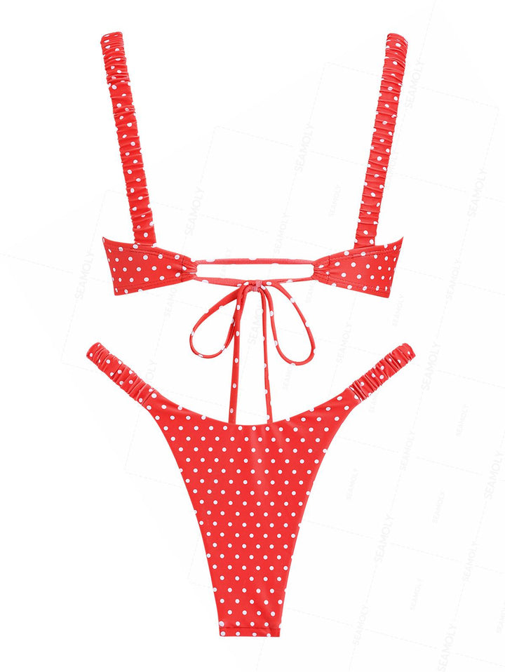 Seamolly Polka Dot Print Metal Decor Elastic Straps High Leg Bikini Set