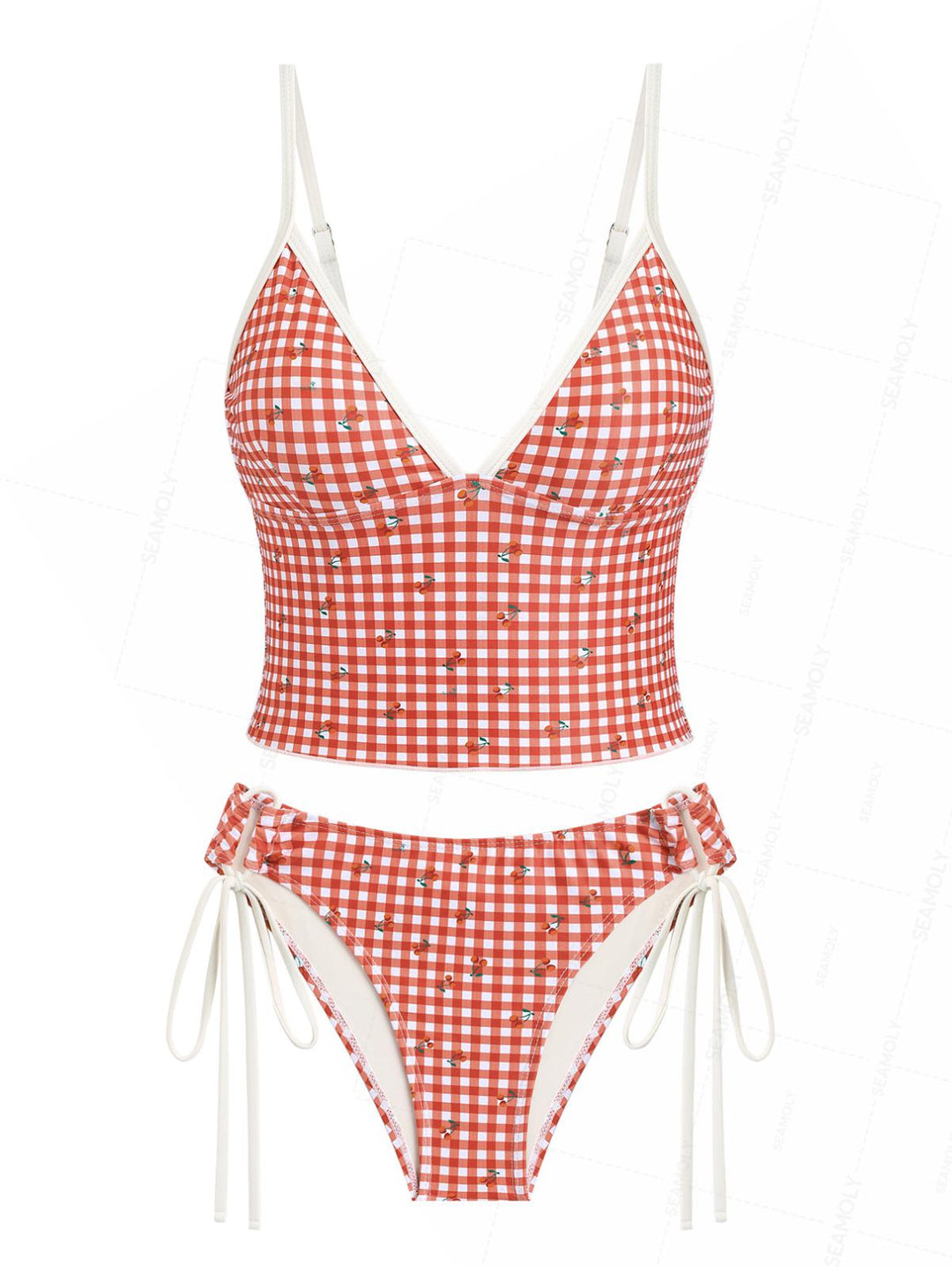 Seamolly Retro Pin-Up Vintage Gingham Cherry Print Cinched Tie Side Tankini Set
