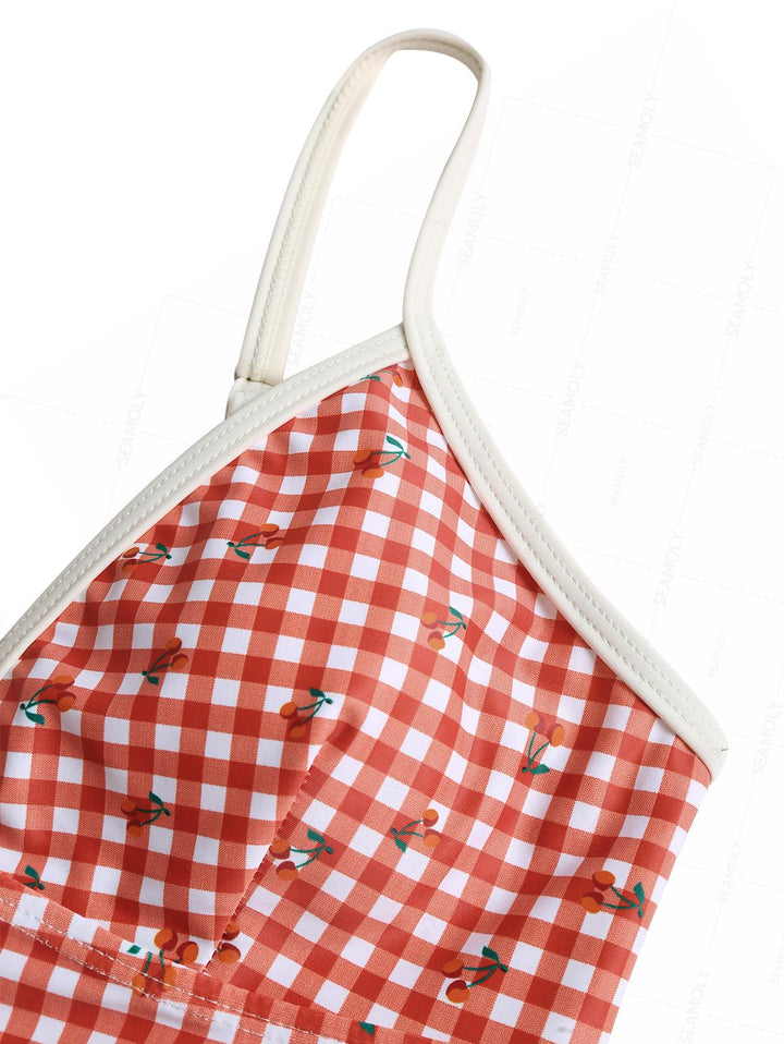 Seamolly Retro Pin-Up Vintage Gingham Cherry Print Cinched Tie Side Tankini Set