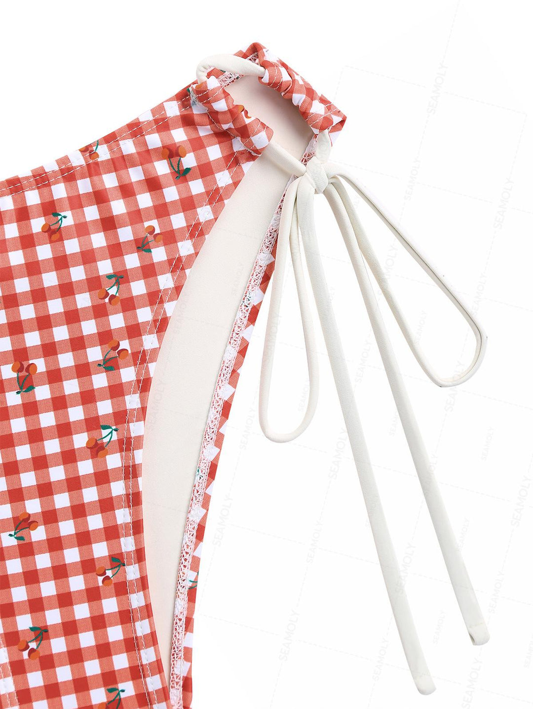 Seamolly Retro Pin-Up Vintage Gingham Cherry Print Cinched Tie Side Tankini Set