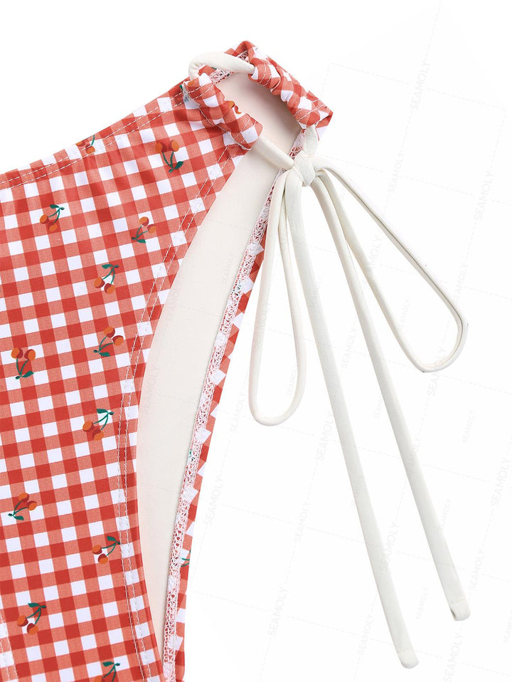 Seamolly Retro Pin-Up Vintage Gingham Cherry Print Cinched Tie Side Tankini Set