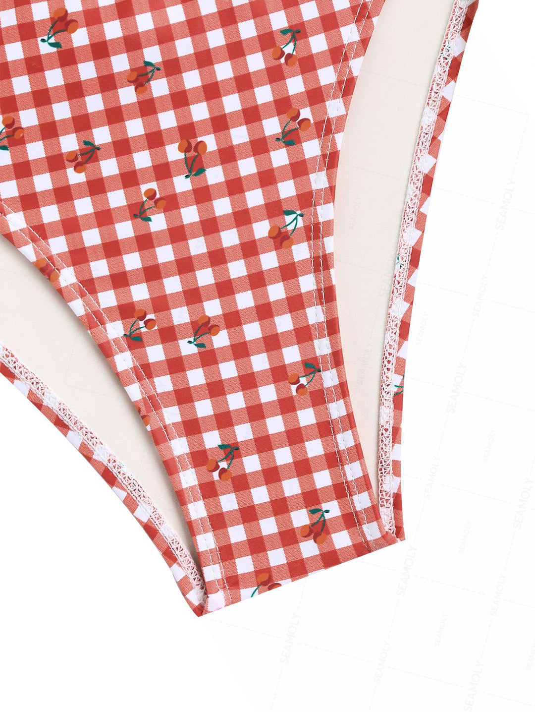 Seamolly Retro Pin-Up Vintage Gingham Cherry Print Cinched Tie Side Tankini Set