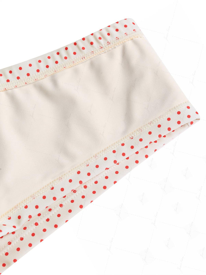 Crystal Cream Polka Dot Lace Bowknot Underwire Cheeky Boyshorts Bikini Set