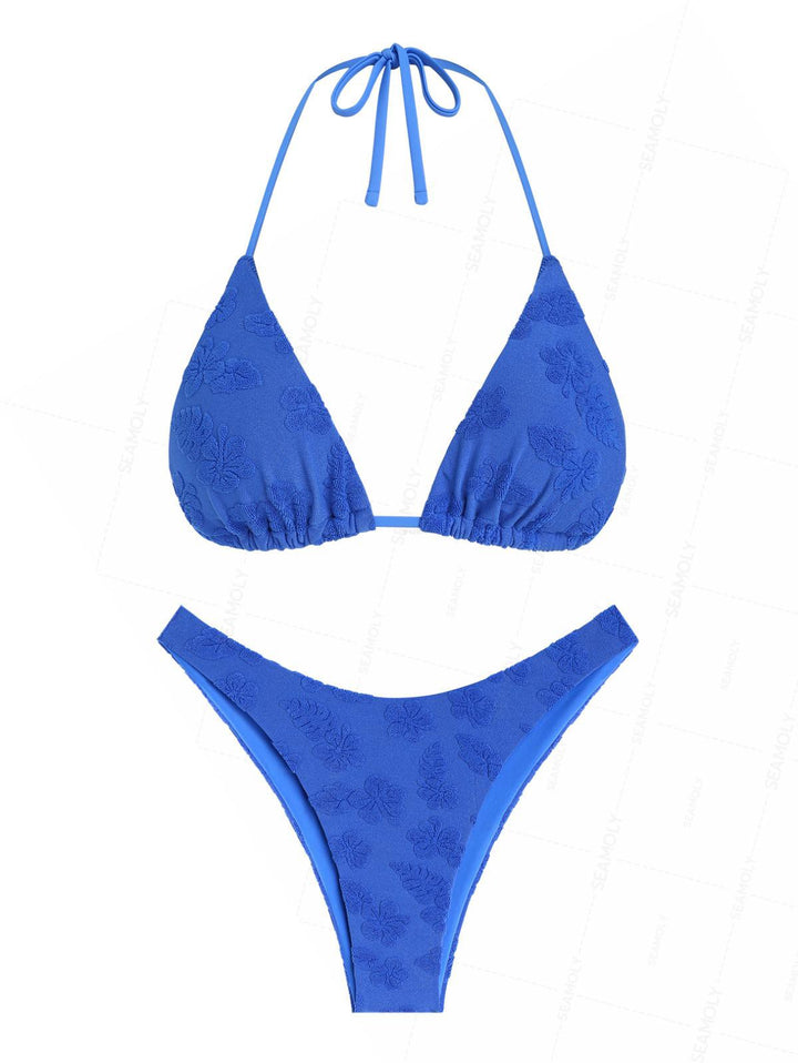 Seamolly Terry Cloth Toweling Floral Leaf Jacquard Halter Triangle Bikini Set