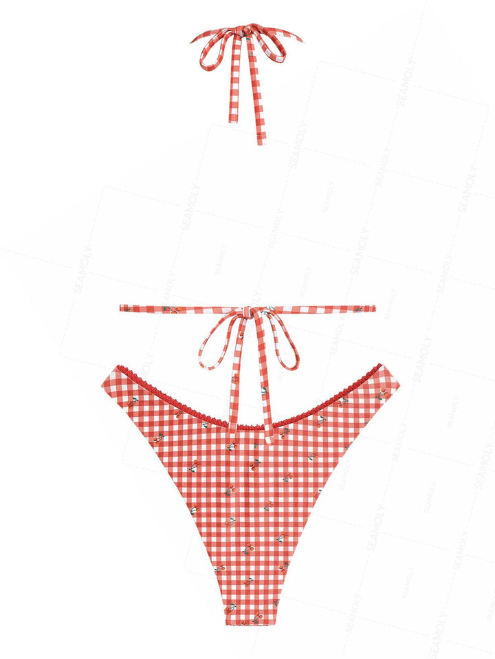 Seamolly Gingham Cherry Print Lace Bowknot  Bikini Set