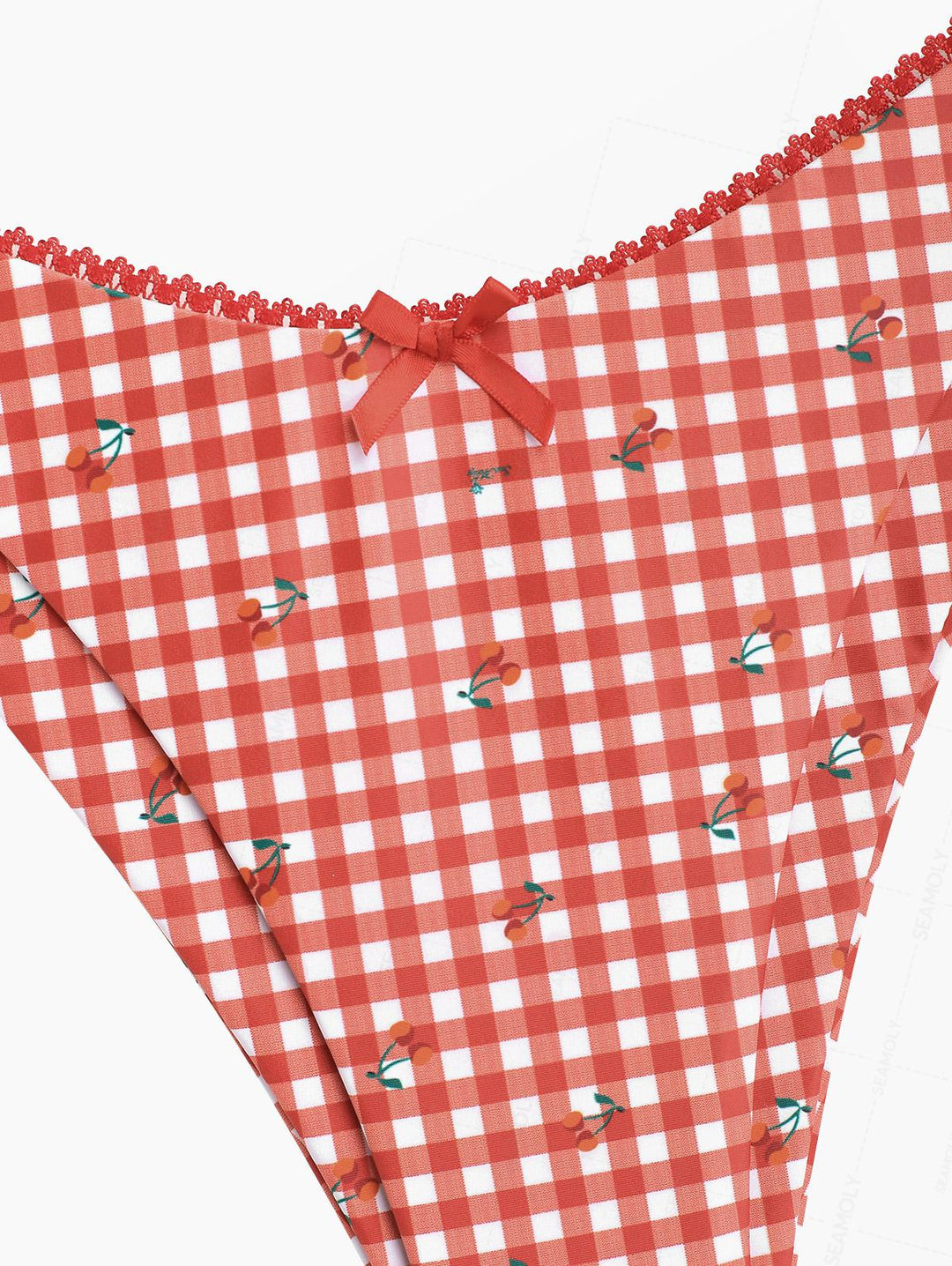Seamolly Gingham Cherry Print Lace Bowknot  Bikini Set