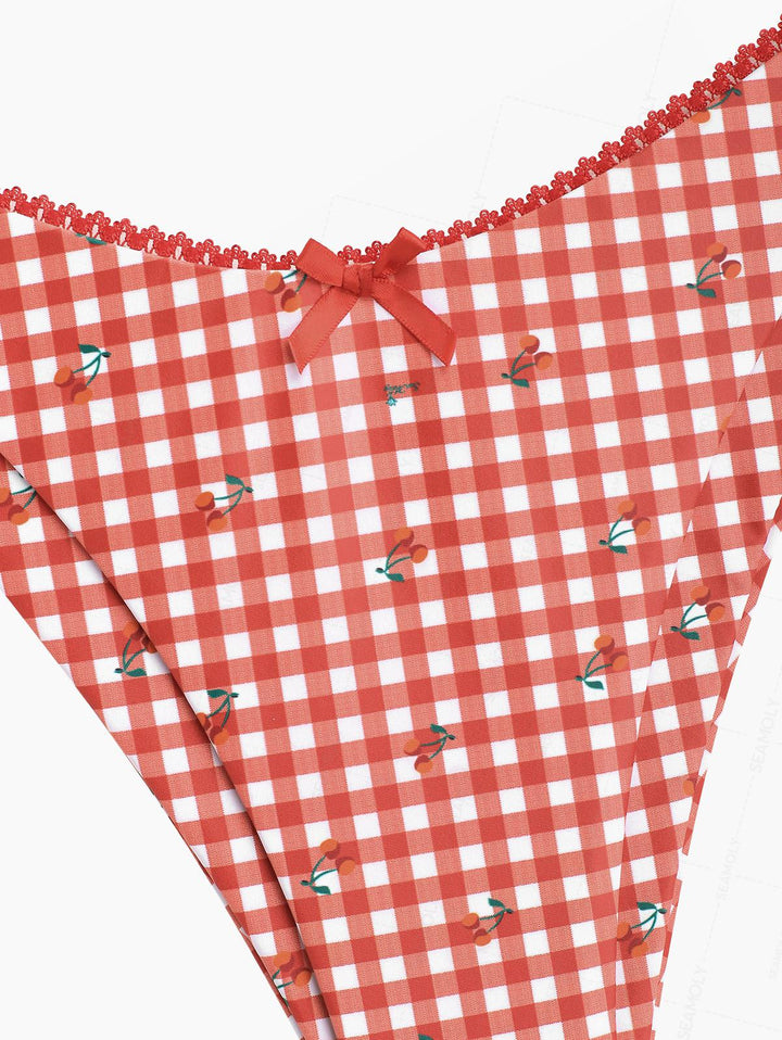 Seamolly Gingham Cherry Print Lace Bowknot  Bikini Set