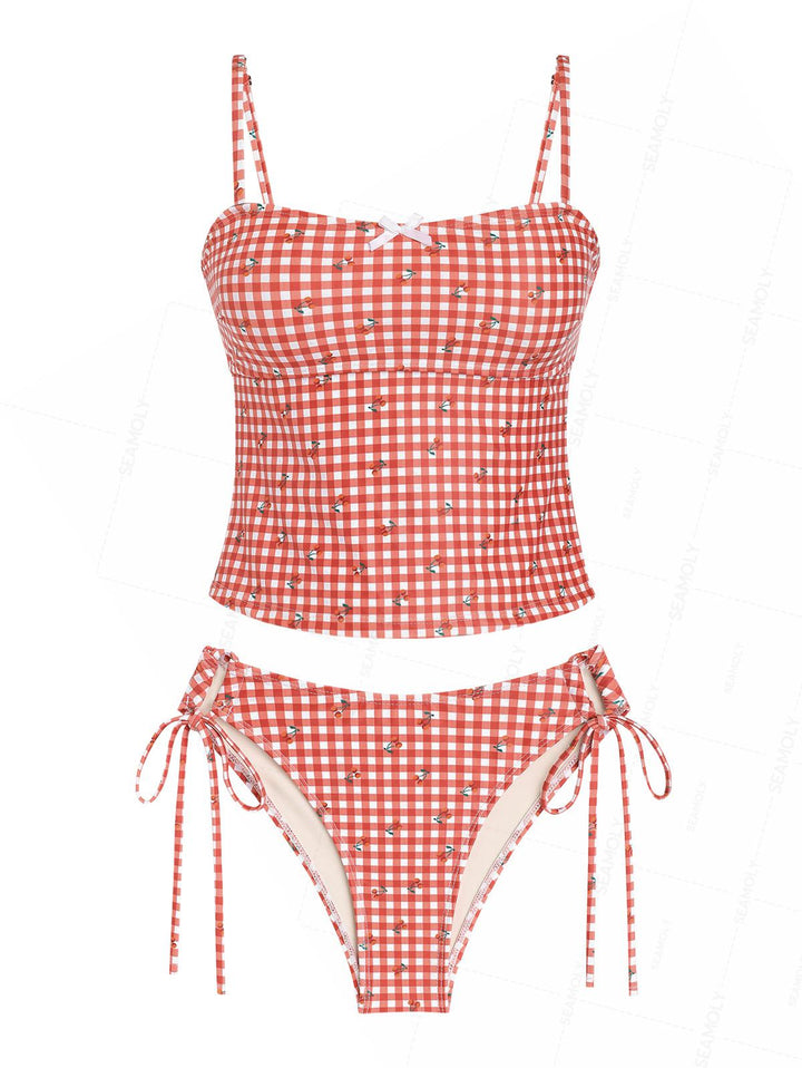 Seamolly Retro Vintage Gingham Cherry Print Bowknot Cinched Tied Tankini Set
