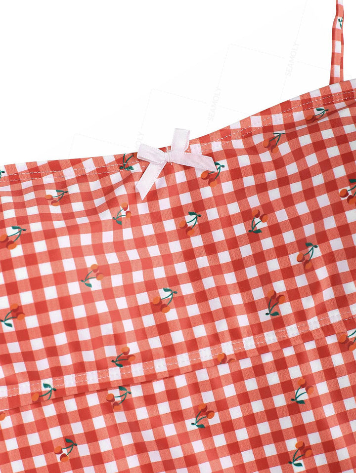 Seamolly Retro Vintage Gingham Cherry Print Bowknot Cinched Tied Tankini Set