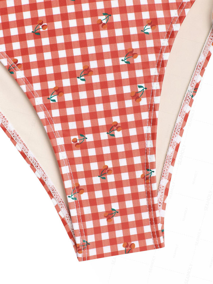 Seamolly Retro Vintage Gingham Cherry Print Bowknot Cinched Tied Tankini Set