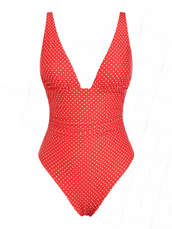 Seamolly 1950s Pin-Up Retro Vintage Polka Dot Print Plunging Neck One-piece Swimsuit