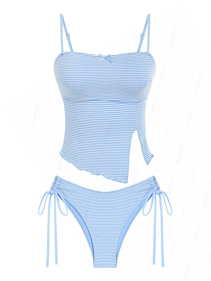 Seamolly Striped Asymmetrical Hem Slit Bowknot Decor Cinched Tie Side Tankini Set