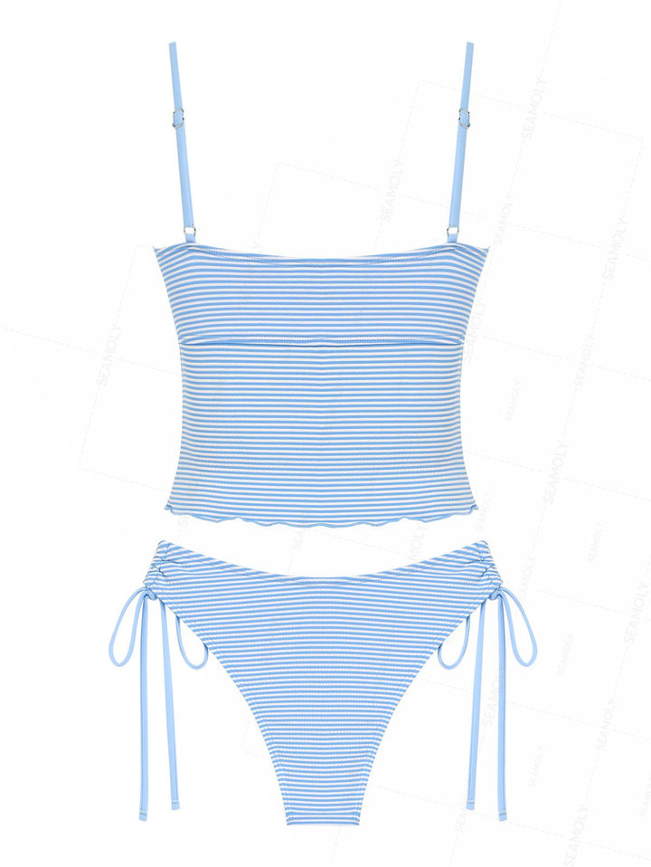 Seamolly Striped Asymmetrical Hem Slit Bowknot Decor Cinched Tie Side Tankini Set
