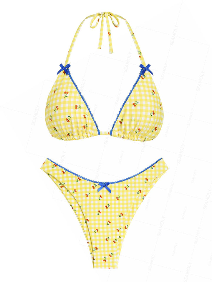 Seamolly Gingham Cherry Print Lace Bowknot Bikini Set