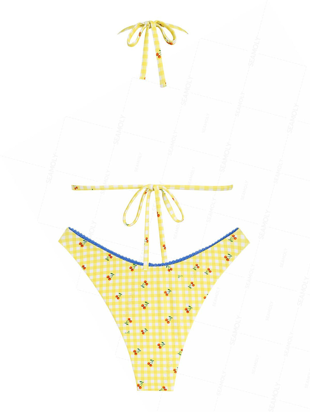 Seamolly Gingham Cherry Print Lace Bowknot Bikini Set