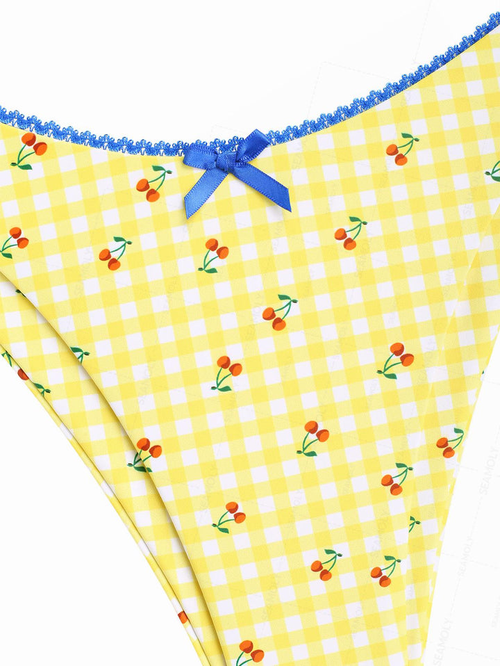 Seamolly Gingham Cherry Print Lace Bowknot Bikini Set