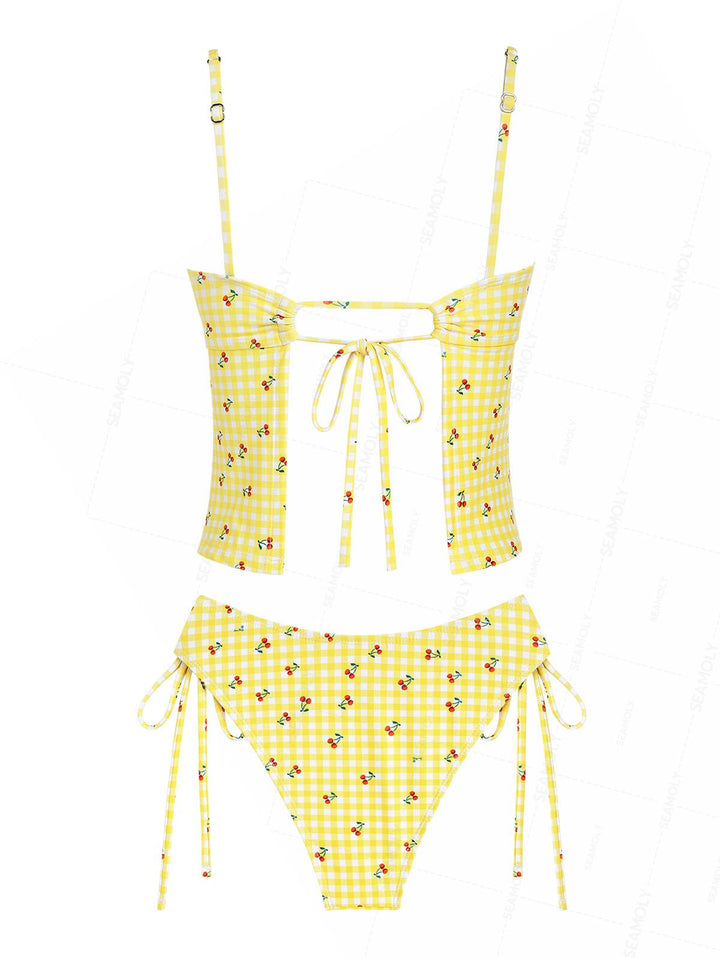 Seamolly Retro Vintage Gingham Cherry Print Bowknot Cinched Tied Tankini Set