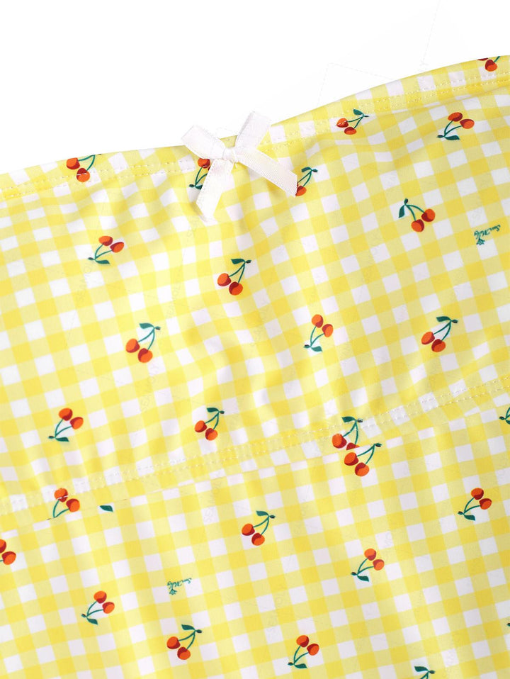 Seamolly Retro Vintage Gingham Cherry Print Bowknot Cinched Tied Tankini Set