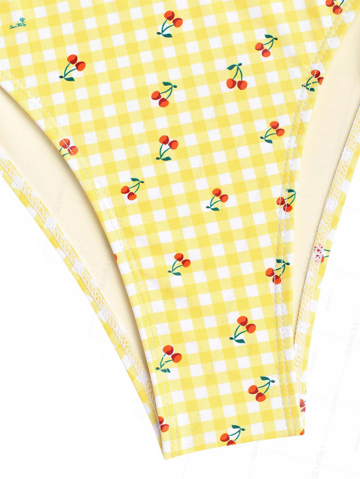 Seamolly Retro Vintage Gingham Cherry Print Bowknot Cinched Tied Tankini Set