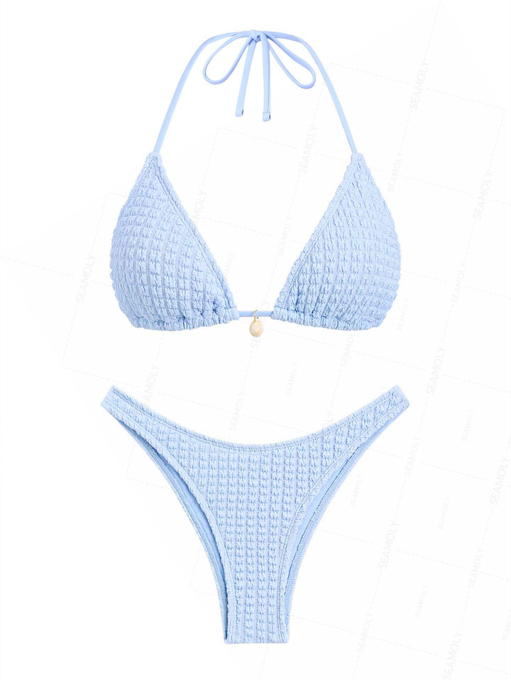 Seamolly Solid Color Textured Shell Decor Bikini Set