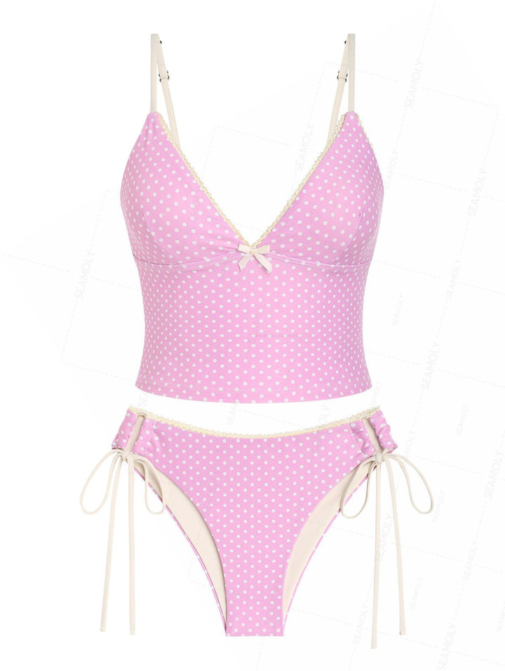Seamolly Retro Pin-Up Vintage Polka Dot Lace Bowknot Cinched Tie Side Tankini Set