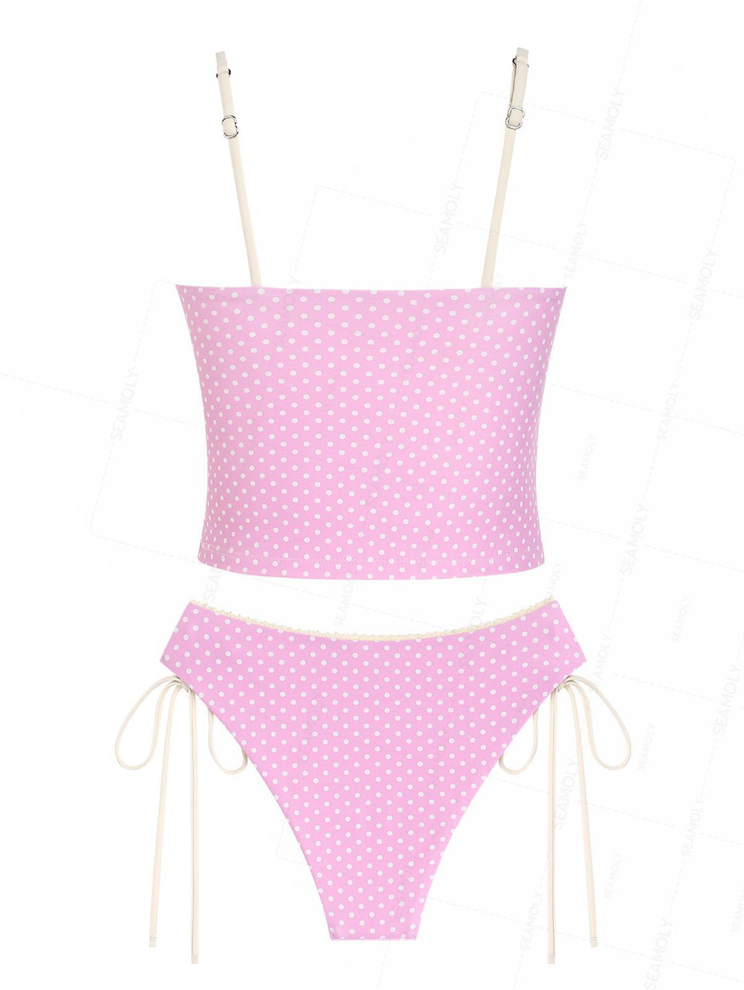 Seamolly Retro Pin-Up Vintage Polka Dot Lace Bowknot Cinched Tie Side Tankini Set