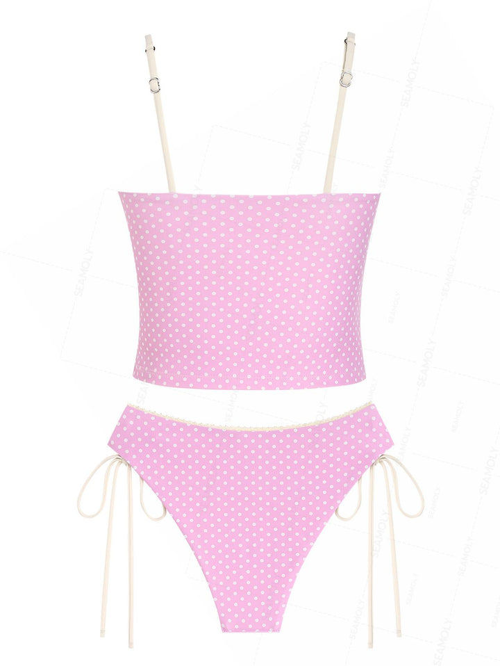 Seamolly Retro Pin-Up Vintage Polka Dot Lace Bowknot Cinched Tie Side Tankini Set