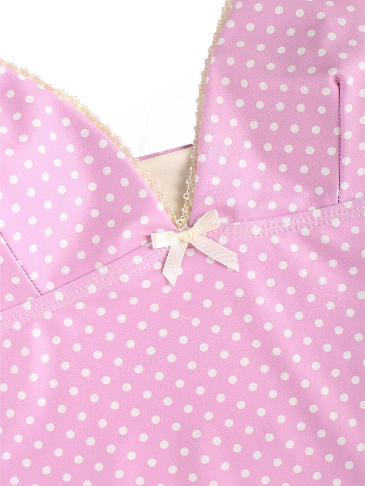 Seamolly Retro Pin-Up Vintage Polka Dot Lace Bowknot Cinched Tie Side Tankini Set