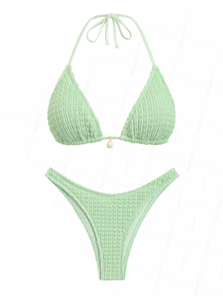 Seamolly Bubble Grid Textured Shell Halter Triangle Bikini Set
