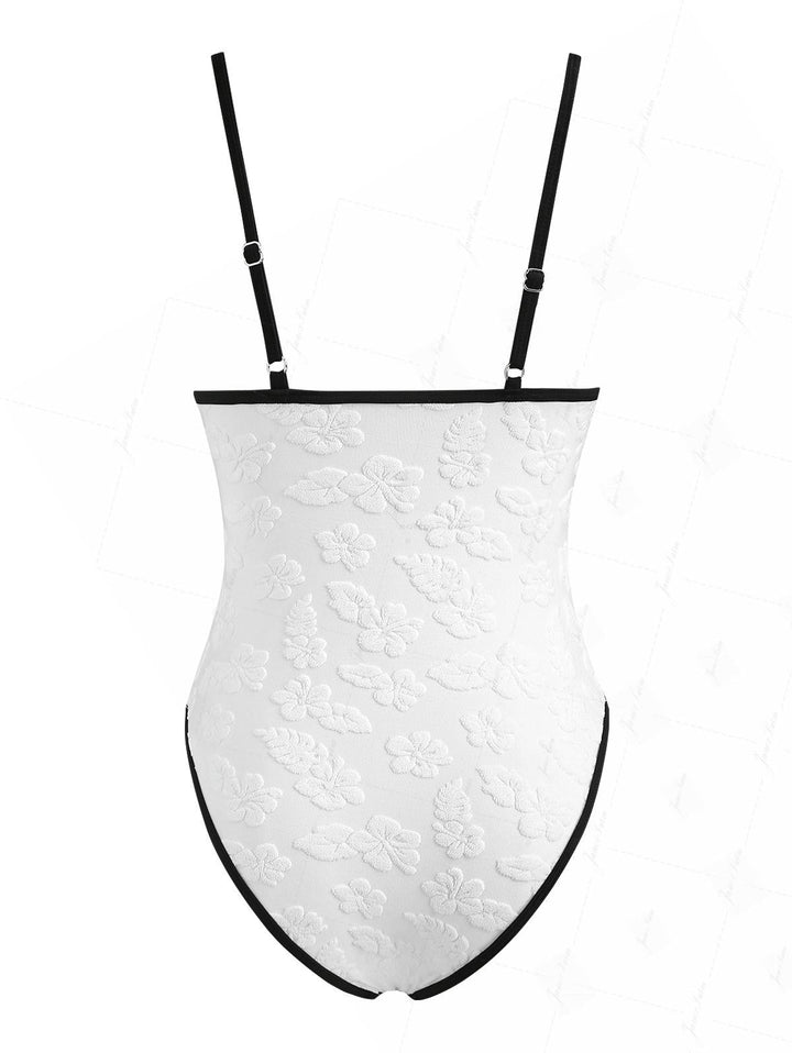 White Terry Cloth Jacquard Contrast Binding One-piece Swimsuit