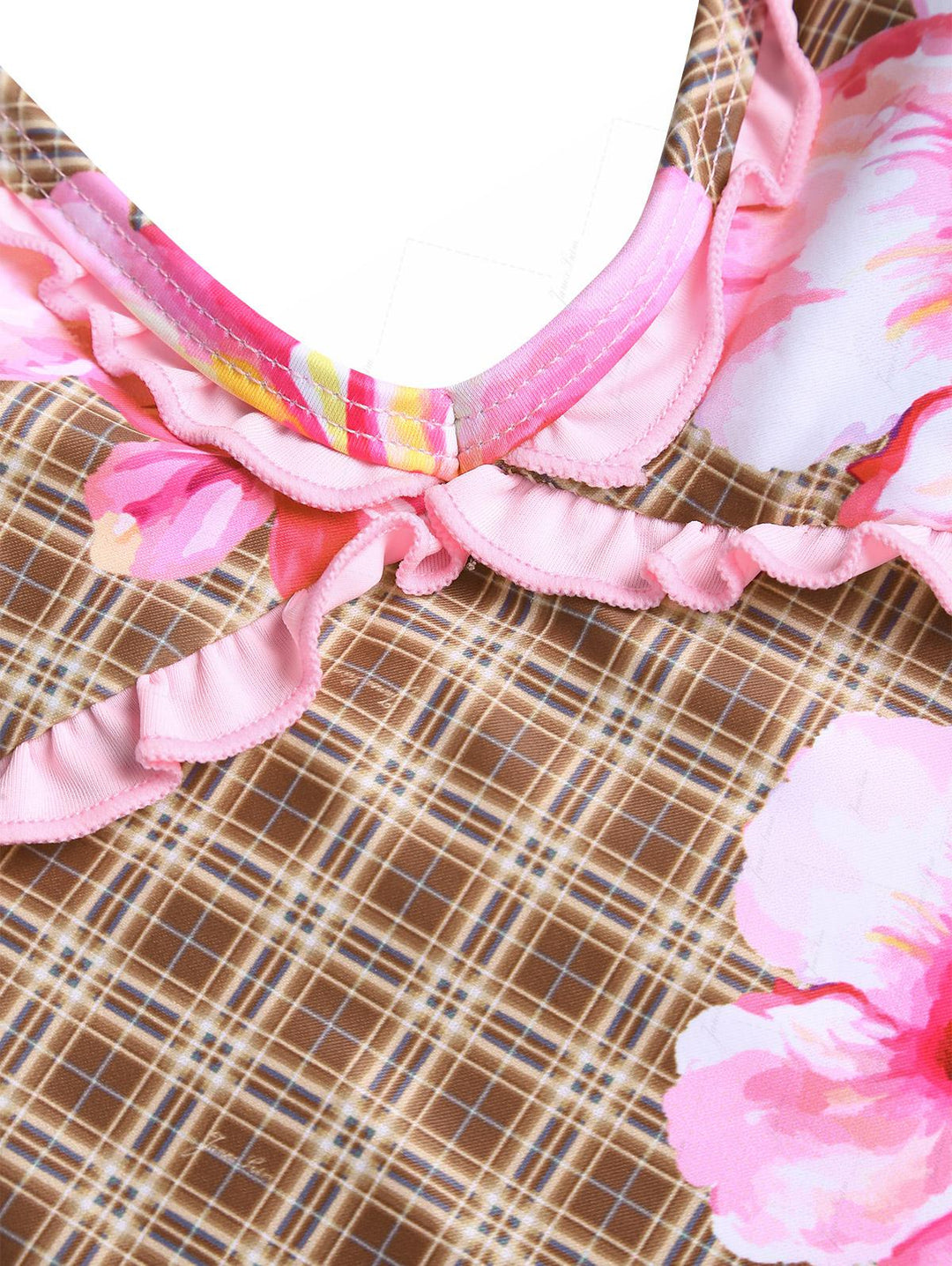 Coffee Plaid Hibiscus Print Ruffles Halter Tank Top & Cheeky Boyshorts Tankini Set