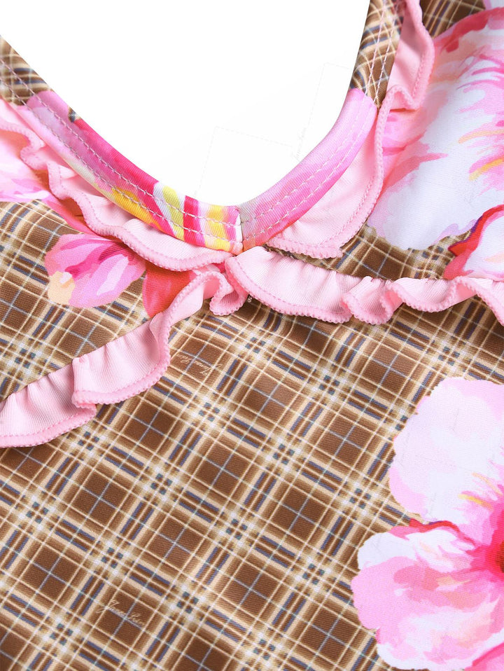 Coffee Plaid Floral Hibiscus Print Frilled Ruffles Plunging Neck Tankini Set