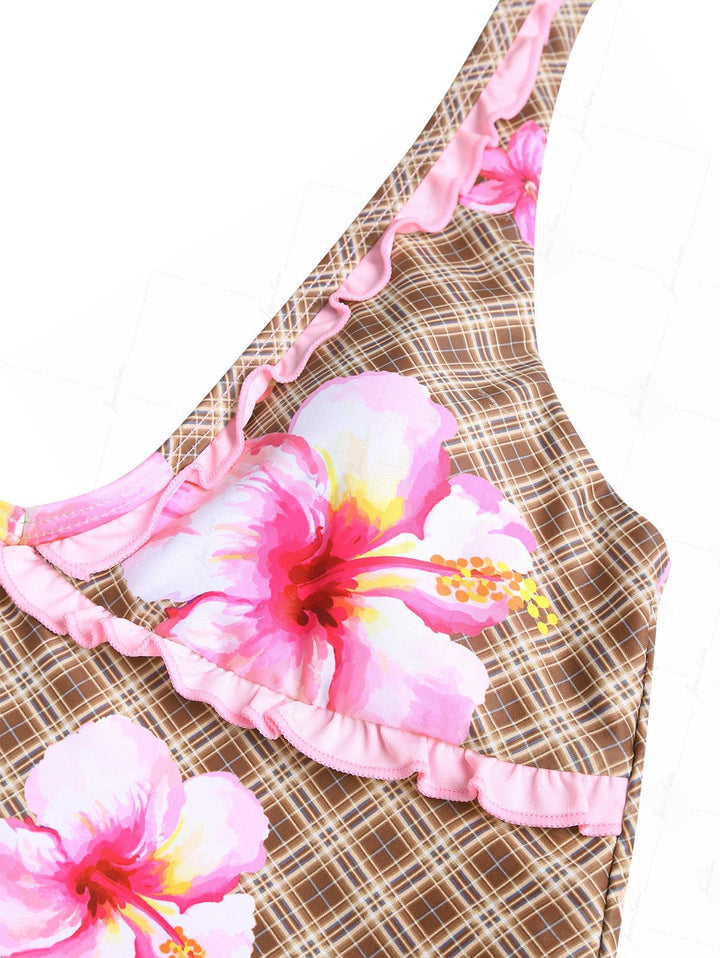 Coffee Plaid Floral Hibiscus Print Frilled Ruffles Plunging Neck Tankini Set