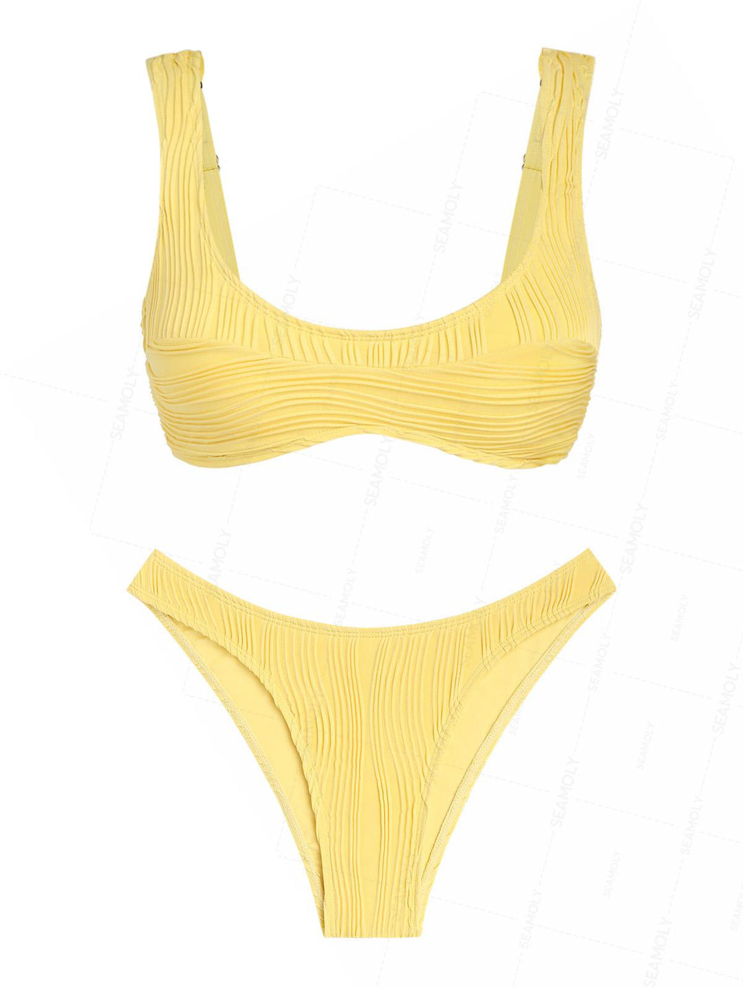 Seamolly Solid Color Wave Textured Tank Style Cheeky Bikini Set