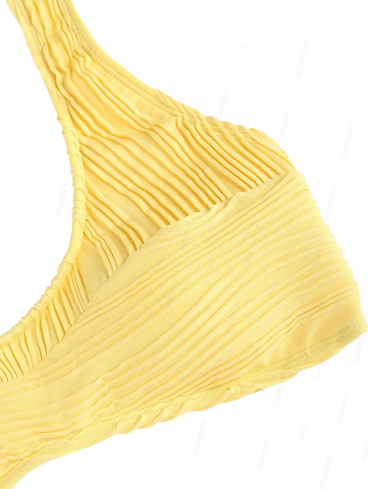 Seamolly Solid Color Wave Textured Tank Style Cheeky Bikini Set