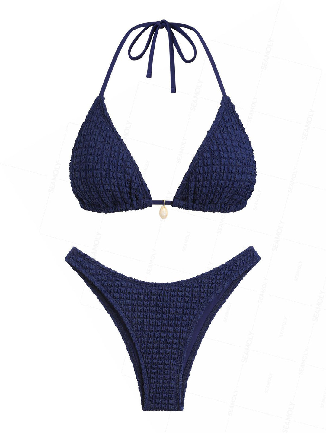 Seamolly Textured Shell Decor Halter Triangle Cheeky Bikini Set
