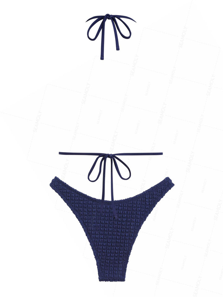 Seamolly Textured Shell Decor Halter Triangle Cheeky Bikini Set