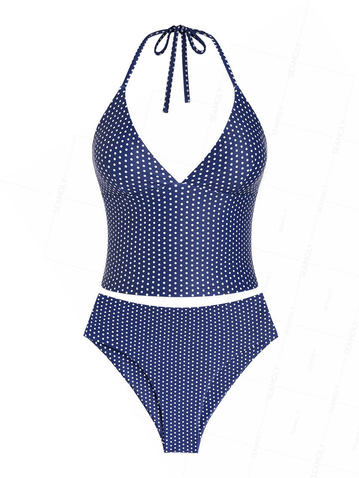 Seamolly Polka Dot Print Deep V Neck Halter Tied Tankini Set