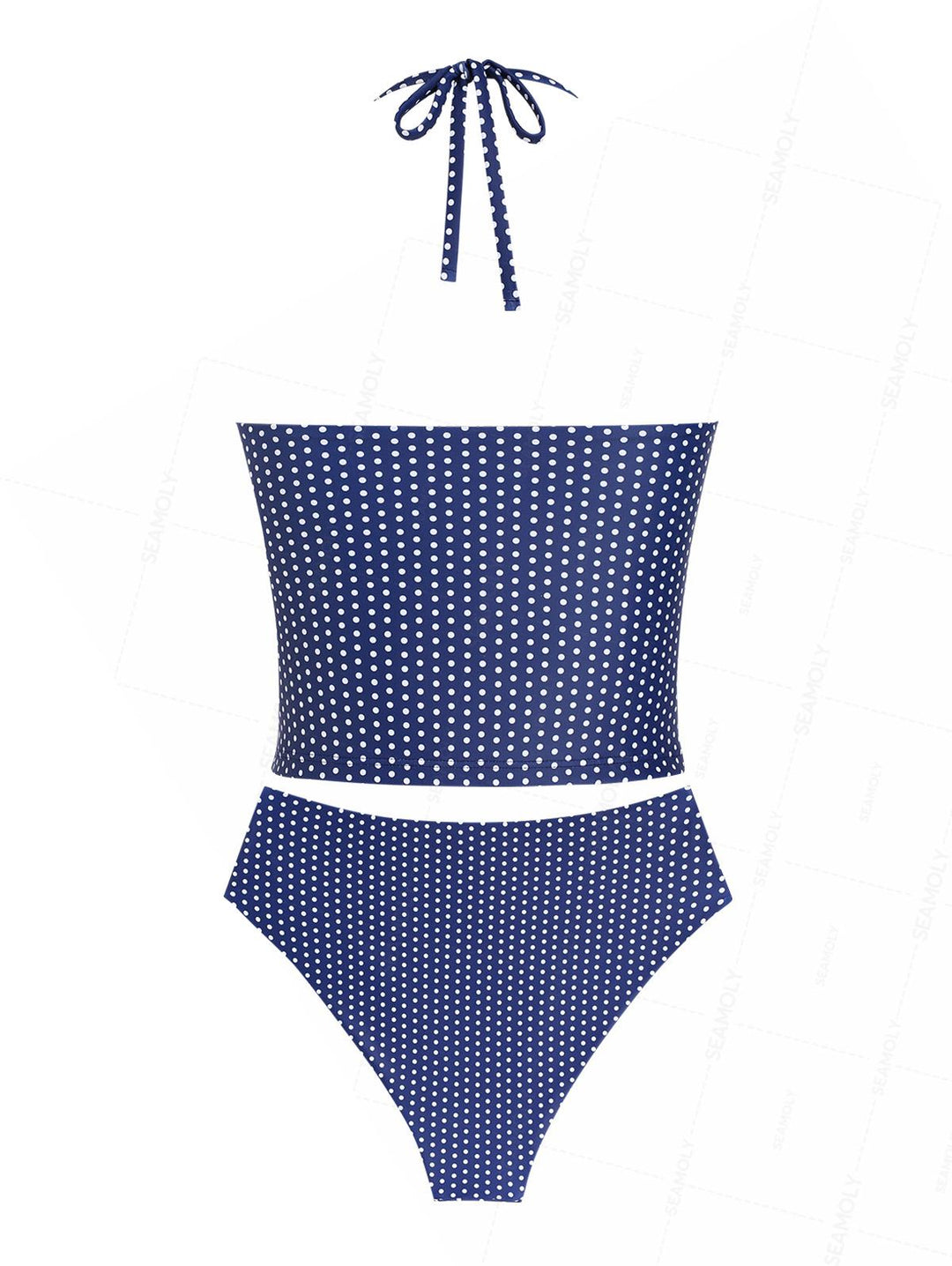 Seamolly Polka Dot Print Deep V Neck Halter Tied Tankini Set