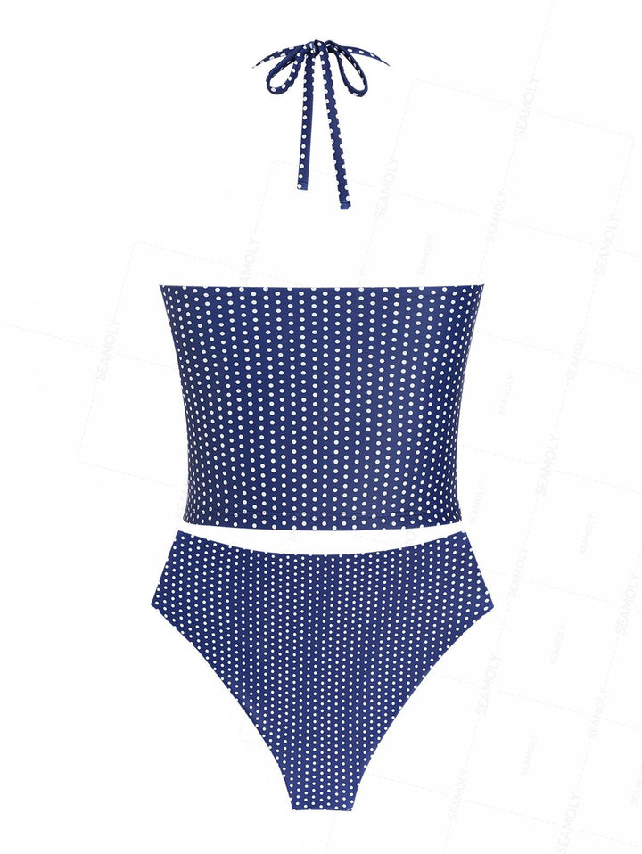 Seamolly Polka Dot Print Deep V Neck Halter Tied Tankini Set